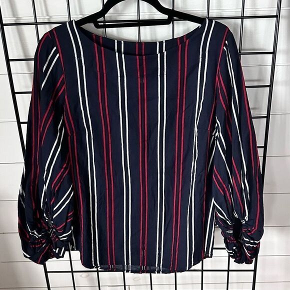 CAbi Striped Crew Neck Balloon LS Flag Blouse Womens M Blue Red White USA Flag - Picture 3 of 10